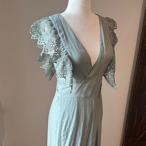 Blue Blush Lace Sleeve Wrap Maxi Dress in Light Green